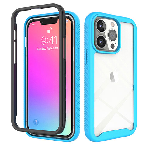 Funda Silicona Carcasa Ultrafina Goma Frontal y Trasera 360 Grados para Apple iPhone 13 Pro Azul Cielo