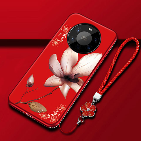 Funda Silicona Gel Goma Flores Carcasa para Huawei Mate 40 Pro+ Plus Rojo Rosa