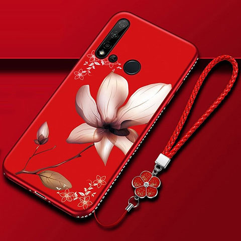 Funda Silicona Gel Goma Flores Carcasa para Huawei Nova 5i Rojo Rosa