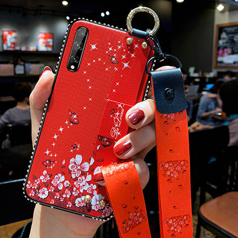 Funda Silicona Gel Goma Flores Carcasa para Huawei Y8p Rojo