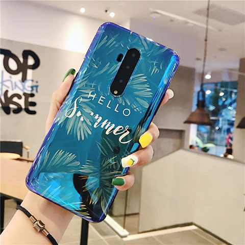 Funda Silicona Gel Goma Flores Carcasa para OnePlus 7T Pro 5G Azul