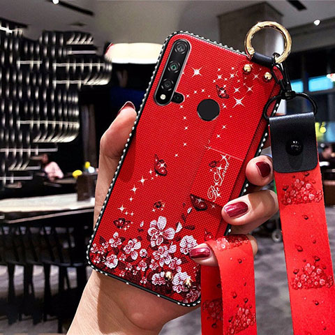 Funda Silicona Gel Goma Flores Carcasa S01 para Huawei Nova 5i Rojo