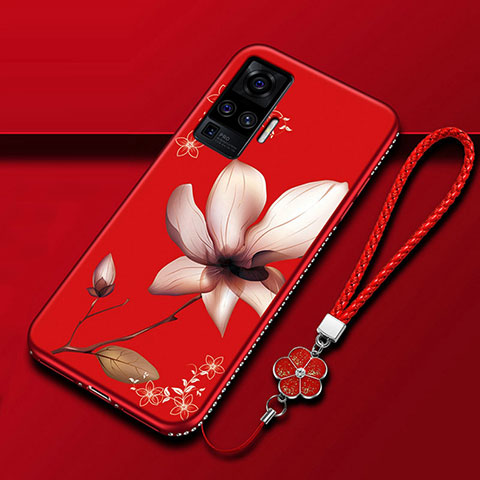 Funda Silicona Gel Goma Flores Carcasa S01 para Vivo X51 5G Rojo Rosa