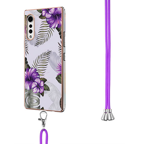 Funda Silicona Gel Goma Patron de Moda Carcasa con Acollador Cordon Lanyard Y01B para LG Velvet 4G Morado