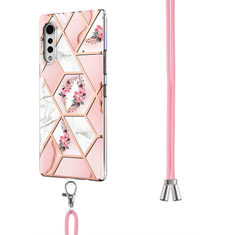 Funda Silicona Gel Goma Patron de Moda Carcasa con Acollador Cordon Lanyard Y01B para LG Velvet 4G Rosa