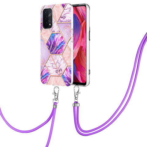 Funda Silicona Gel Goma Patron de Moda Carcasa con Acollador Cordon Lanyard Y01B para OnePlus Nord N200 5G Purpura Claro