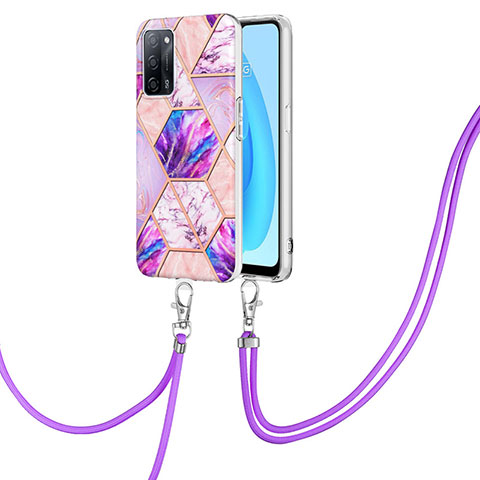 Funda Silicona Gel Goma Patron de Moda Carcasa con Acollador Cordon Lanyard Y01B para Oppo A53s 5G Purpura Claro