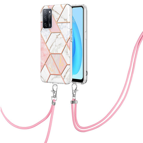 Funda Silicona Gel Goma Patron de Moda Carcasa con Acollador Cordon Lanyard Y01B para Oppo A53s 5G Rosa