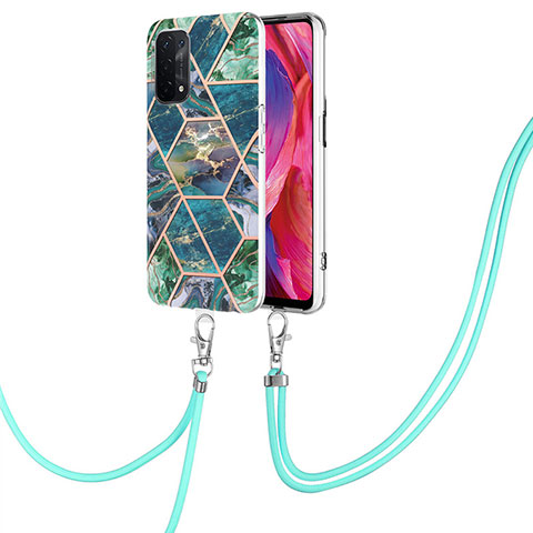 Funda Silicona Gel Goma Patron de Moda Carcasa con Acollador Cordon Lanyard Y01B para Oppo A54 5G Verde Noche