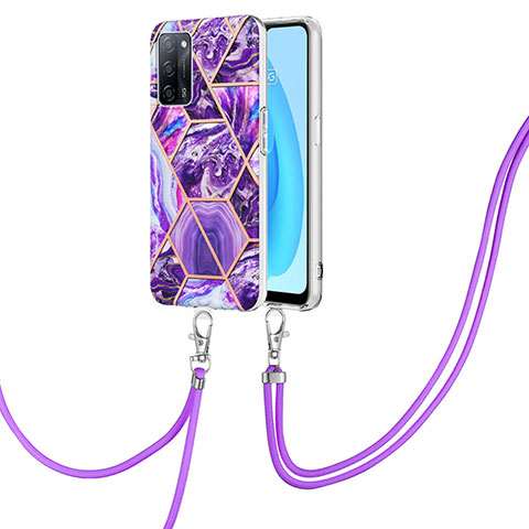 Funda Silicona Gel Goma Patron de Moda Carcasa con Acollador Cordon Lanyard Y01B para Oppo A56 5G Morado