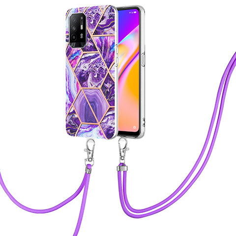 Funda Silicona Gel Goma Patron de Moda Carcasa con Acollador Cordon Lanyard Y01B para Oppo A94 5G Morado