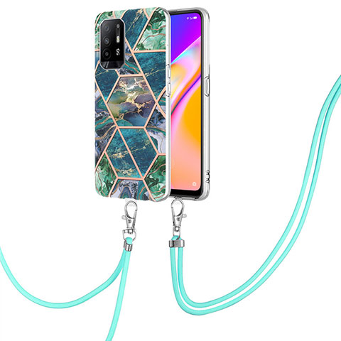 Funda Silicona Gel Goma Patron de Moda Carcasa con Acollador Cordon Lanyard Y01B para Oppo Reno5 Z 5G Verde Noche