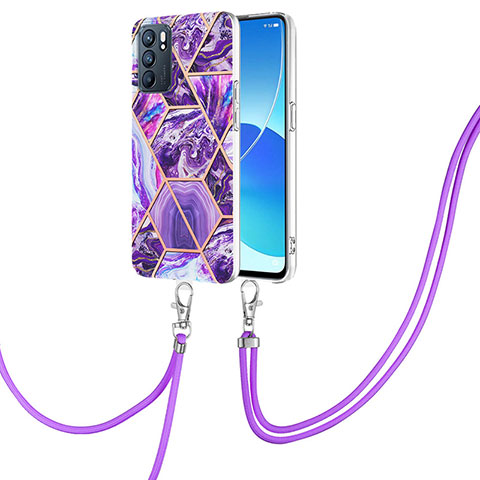 Funda Silicona Gel Goma Patron de Moda Carcasa con Acollador Cordon Lanyard Y01B para Oppo Reno6 5G Morado