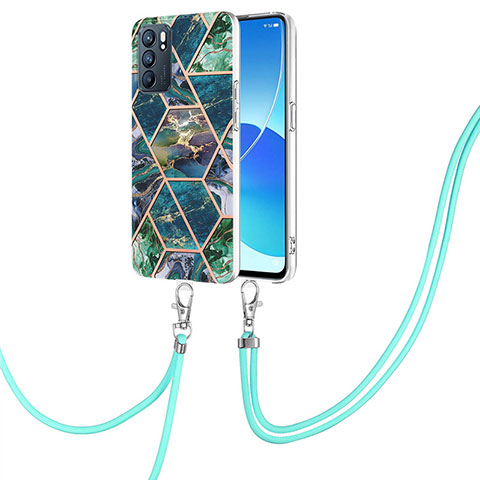 Funda Silicona Gel Goma Patron de Moda Carcasa con Acollador Cordon Lanyard Y01B para Oppo Reno6 5G Verde Noche