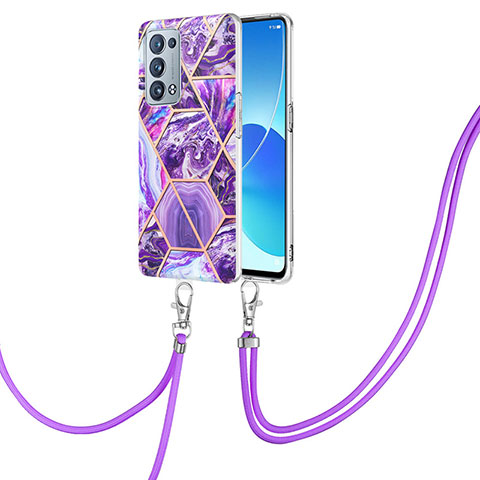 Funda Silicona Gel Goma Patron de Moda Carcasa con Acollador Cordon Lanyard Y01B para Oppo Reno6 Pro 5G Morado