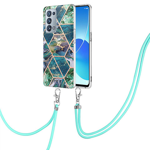 Funda Silicona Gel Goma Patron de Moda Carcasa con Acollador Cordon Lanyard Y01B para Oppo Reno6 Pro+ Plus 5G Verde Noche