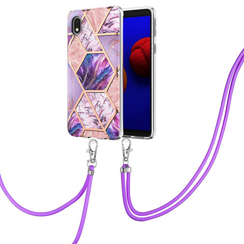 Funda Silicona Gel Goma Patron de Moda Carcasa con Acollador Cordon Lanyard Y01B para Samsung Galaxy A01 Core Purpura Claro