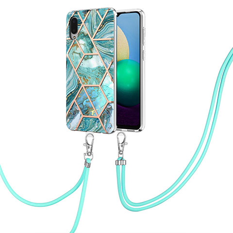 Funda Silicona Gel Goma Patron de Moda Carcasa con Acollador Cordon Lanyard Y01B para Samsung Galaxy A02 Menta Verde