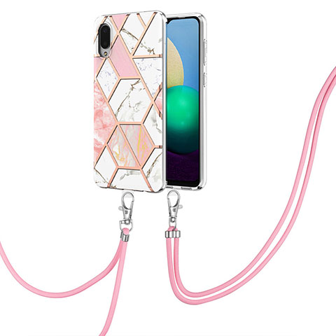 Funda Silicona Gel Goma Patron de Moda Carcasa con Acollador Cordon Lanyard Y01B para Samsung Galaxy A02 Rosa