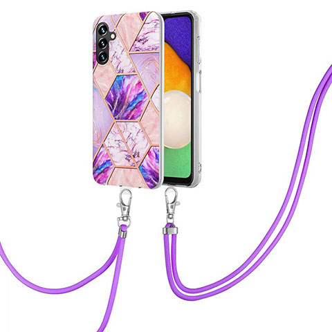 Funda Silicona Gel Goma Patron de Moda Carcasa con Acollador Cordon Lanyard Y01B para Samsung Galaxy A04s Purpura Claro