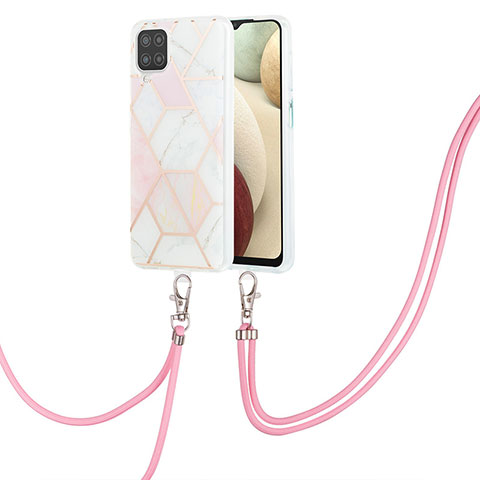 Funda Silicona Gel Goma Patron de Moda Carcasa con Acollador Cordon Lanyard Y01B para Samsung Galaxy A12 5G Rosa