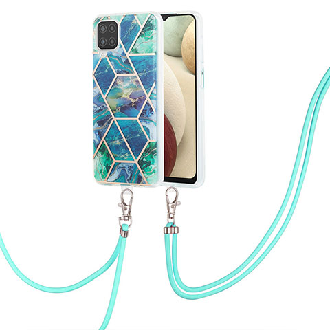 Funda Silicona Gel Goma Patron de Moda Carcasa con Acollador Cordon Lanyard Y01B para Samsung Galaxy A12 5G Verde Noche