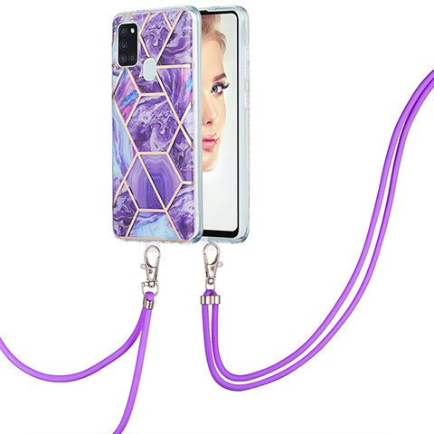 Funda Silicona Gel Goma Patron de Moda Carcasa con Acollador Cordon Lanyard Y01B para Samsung Galaxy A21s Morado