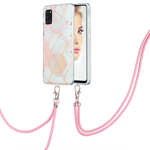 Funda Silicona Gel Goma Patron de Moda Carcasa con Acollador Cordon Lanyard Y01B para Samsung Galaxy A21s Rosa