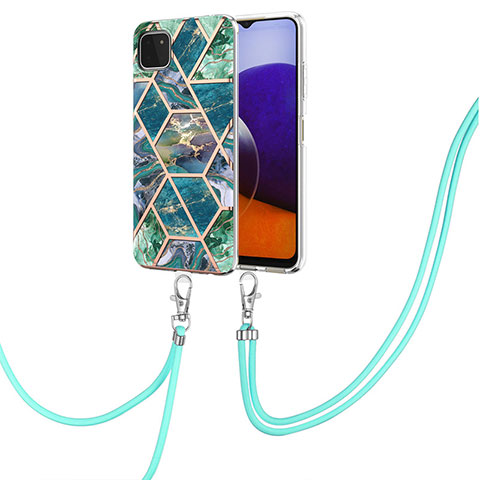 Funda Silicona Gel Goma Patron de Moda Carcasa con Acollador Cordon Lanyard Y01B para Samsung Galaxy A22 5G Verde Noche