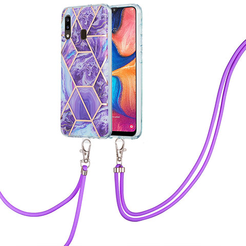 Funda Silicona Gel Goma Patron de Moda Carcasa con Acollador Cordon Lanyard Y01B para Samsung Galaxy A30 Morado