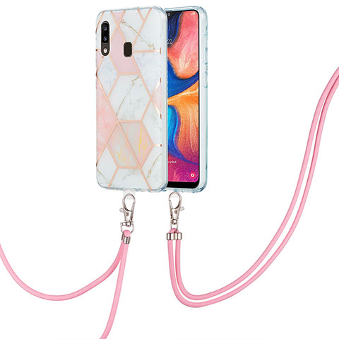 Funda Silicona Gel Goma Patron de Moda Carcasa con Acollador Cordon Lanyard Y01B para Samsung Galaxy A30 Rosa