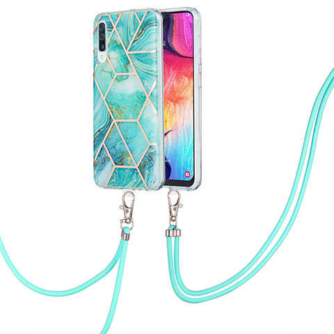 Funda Silicona Gel Goma Patron de Moda Carcasa con Acollador Cordon Lanyard Y01B para Samsung Galaxy A30S Menta Verde