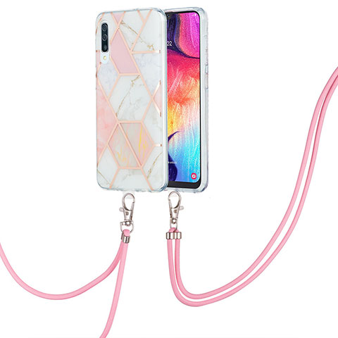 Funda Silicona Gel Goma Patron de Moda Carcasa con Acollador Cordon Lanyard Y01B para Samsung Galaxy A30S Rosa