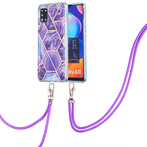 Funda Silicona Gel Goma Patron de Moda Carcasa con Acollador Cordon Lanyard Y01B para Samsung Galaxy A31 Morado