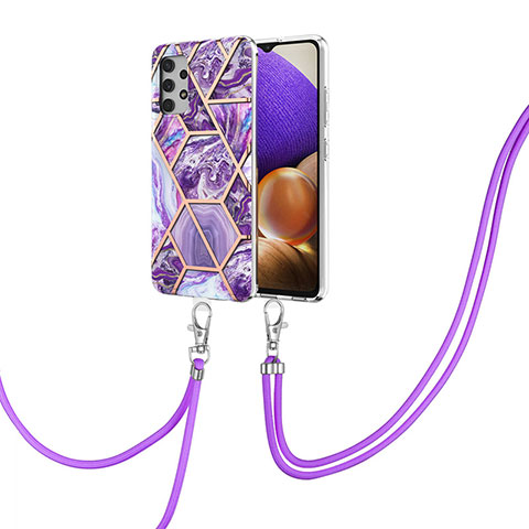 Funda Silicona Gel Goma Patron de Moda Carcasa con Acollador Cordon Lanyard Y01B para Samsung Galaxy A32 4G Morado