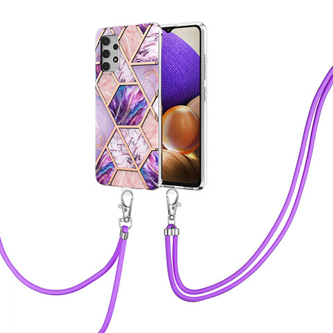 Funda Silicona Gel Goma Patron de Moda Carcasa con Acollador Cordon Lanyard Y01B para Samsung Galaxy A32 5G Purpura Claro