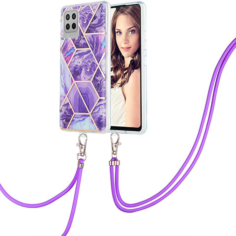 Funda Silicona Gel Goma Patron de Moda Carcasa con Acollador Cordon Lanyard Y01B para Samsung Galaxy A42 5G Morado