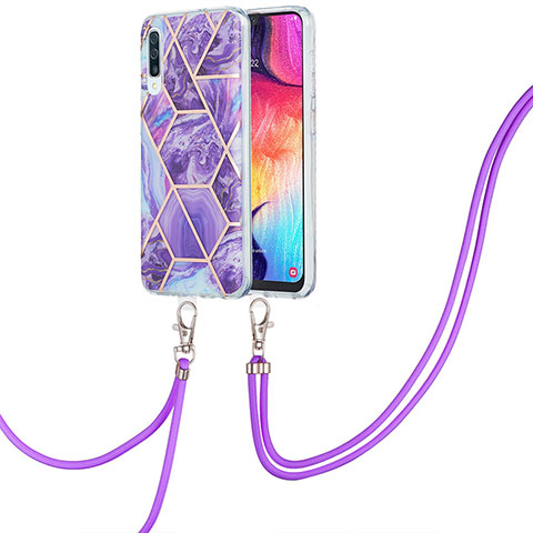 Funda Silicona Gel Goma Patron de Moda Carcasa con Acollador Cordon Lanyard Y01B para Samsung Galaxy A50 Morado