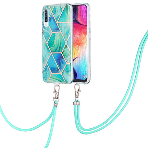 Funda Silicona Gel Goma Patron de Moda Carcasa con Acollador Cordon Lanyard Y01B para Samsung Galaxy A50 Verde