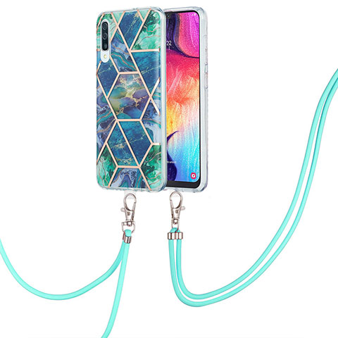 Funda Silicona Gel Goma Patron de Moda Carcasa con Acollador Cordon Lanyard Y01B para Samsung Galaxy A50 Verde Noche