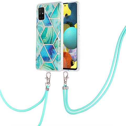 Funda Silicona Gel Goma Patron de Moda Carcasa con Acollador Cordon Lanyard Y01B para Samsung Galaxy A51 5G Verde