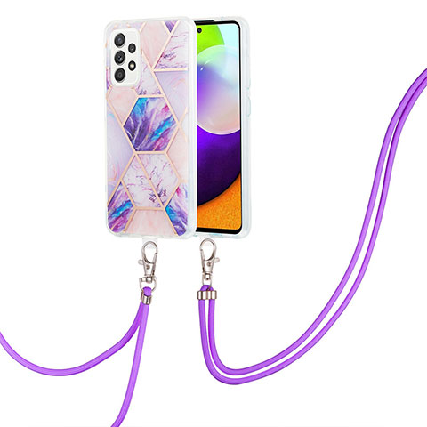 Funda Silicona Gel Goma Patron de Moda Carcasa con Acollador Cordon Lanyard Y01B para Samsung Galaxy A52 4G Purpura Claro