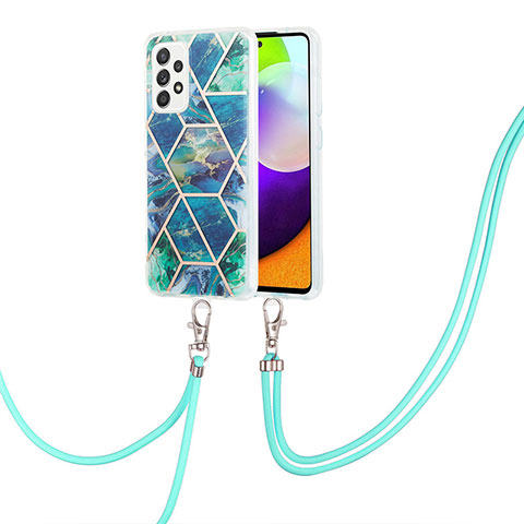 Funda Silicona Gel Goma Patron de Moda Carcasa con Acollador Cordon Lanyard Y01B para Samsung Galaxy A52 4G Verde Noche