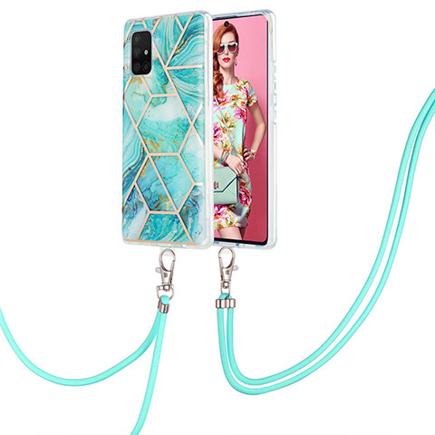 Funda Silicona Gel Goma Patron de Moda Carcasa con Acollador Cordon Lanyard Y01B para Samsung Galaxy A71 4G A715 Menta Verde