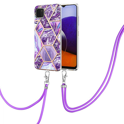 Funda Silicona Gel Goma Patron de Moda Carcasa con Acollador Cordon Lanyard Y01B para Samsung Galaxy F42 5G Morado