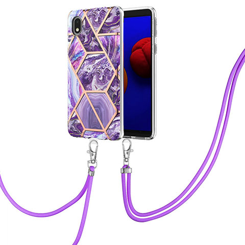 Funda Silicona Gel Goma Patron de Moda Carcasa con Acollador Cordon Lanyard Y01B para Samsung Galaxy M01 Core Morado