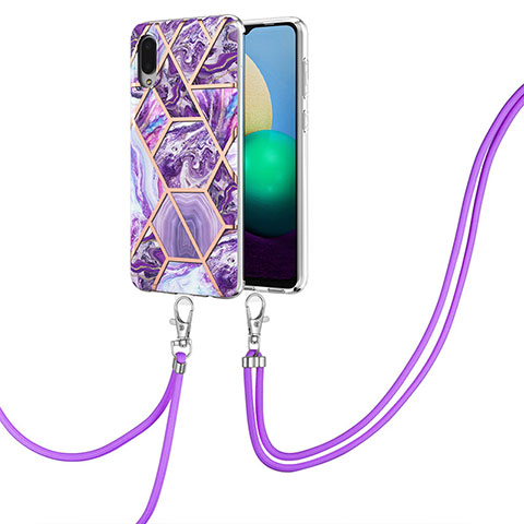 Funda Silicona Gel Goma Patron de Moda Carcasa con Acollador Cordon Lanyard Y01B para Samsung Galaxy M02 Morado