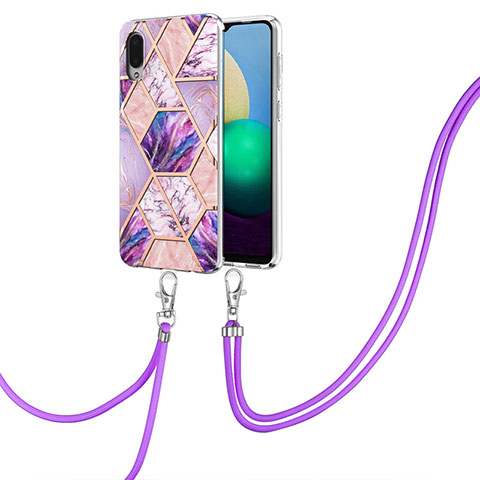 Funda Silicona Gel Goma Patron de Moda Carcasa con Acollador Cordon Lanyard Y01B para Samsung Galaxy M02 Purpura Claro