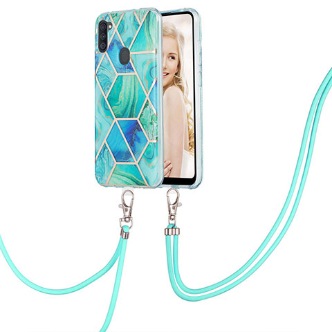 Funda Silicona Gel Goma Patron de Moda Carcasa con Acollador Cordon Lanyard Y01B para Samsung Galaxy M11 Verde