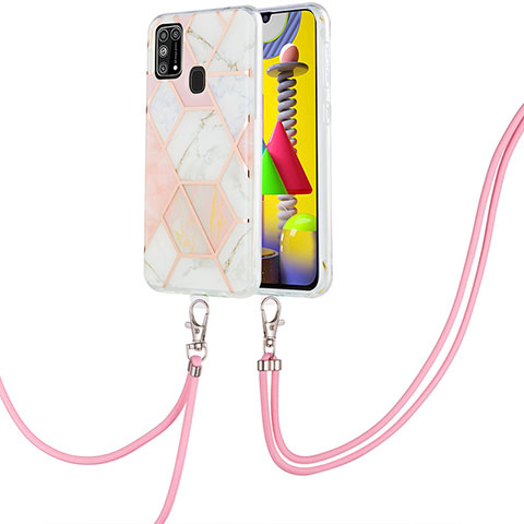 Funda Silicona Gel Goma Patron de Moda Carcasa con Acollador Cordon Lanyard Y01B para Samsung Galaxy M21s Rosa